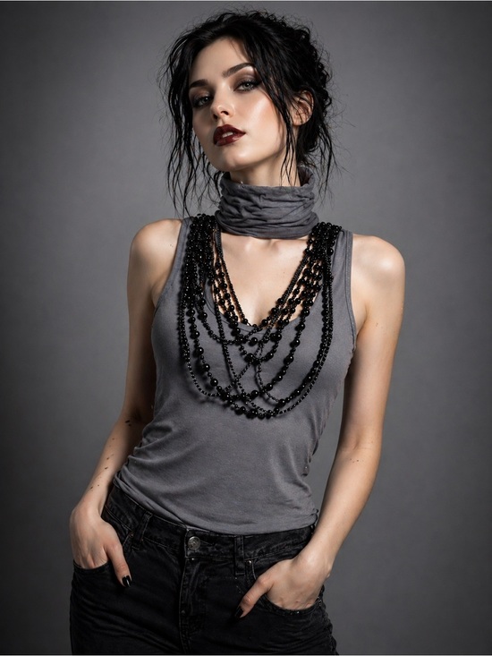 Lady Dutch Tops - Lady Dutch Gothic Layered Necklace Tank Top Scarf Neck Gray Size S